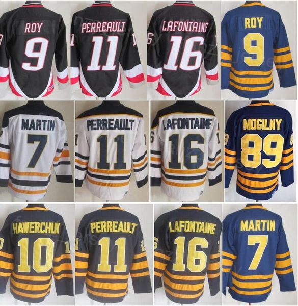 Homme Vintage Hockey 11 Gilbert Perreault Jersey Rétro 89 Mogilny 16 Pat LaFontaine 7 Rick Martin 26 Thoma Vanek 18 Danny Gare 10 Hawerchuk Couture Bleu Marine Blanc Noir