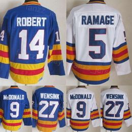 Man Vintage Hockey 14 Rene Robert Jerseys Retro Classic 9 Lanny McDonald 27 John Wensink 5 Rob Ramage 52 Adam Foote 19 Joe Sakic CCM Blauw Wit Stitching Retire Team
