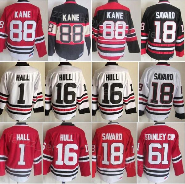 Homme Vintage Hockey 16 Brett Hull Jersey CCM Classique 18 Denis Savard 61 Coupe Stanley 88 Patrick Kane 1 Glenn Hall 35 Tony Esposito Rétro Broderie Retraite Sport Team