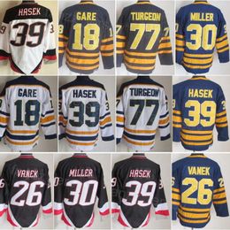 Man Vintage Hockey 18 Danny Gare Jersey Retro Classic 30 Ryan Miller 39 Dominic Hasek 77 Pierre Turgeon 26 Thoma Vanek 7 Rick Martin 9 Derek Roy Borduurwerk met pensioen