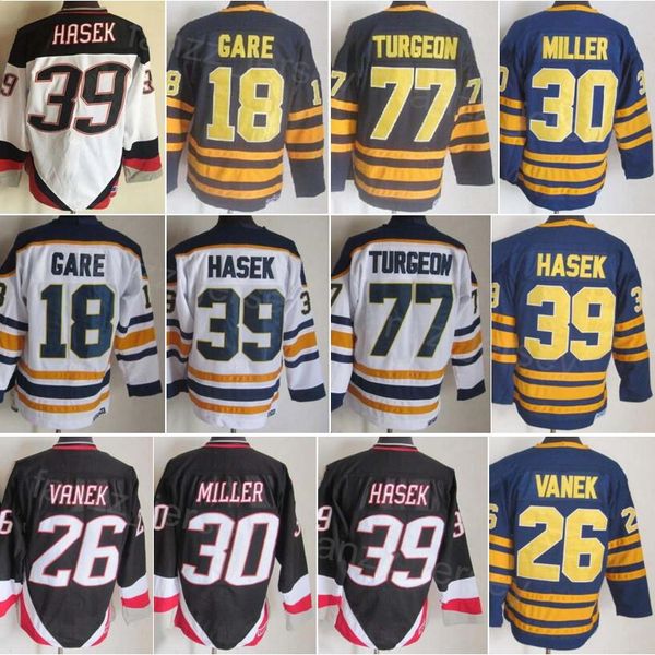 Hombre Vintage Hockey 18 Danny Gare Jersey Retro Clásico 30 Ryan Miller 39 Dominic Hasek 77 Pierre Turgeon 26 Thoma Vanek 7 Rick Martin 9 Derek Roy Bordado Retirarse CCM