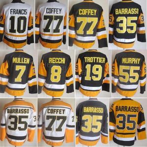 Homme Vintage Hockey 19 Bryan Trottier Jersey Rétro 35 Tom Barrasso 77 Paul Coffey 8 Mark Recchi 7 Joe Mullen 10 Ron Francis Classique CCM Cousu Noir Blanc Jaune