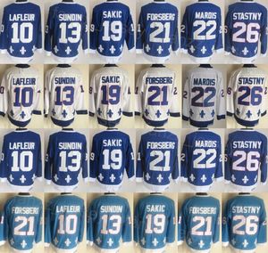 Man Vintage Hockey 26 Peter Stastny Jersey 10 Guy Lafleur 22 Marois 13 Mats Sundin 19 Joe Sakic 21 Peter Forsberg Retro Borduursel Klassieke CCM Ademende Retire Top