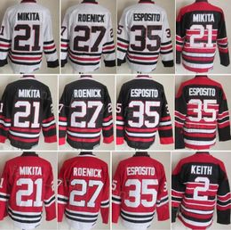 Man Vintage Hockey 27 Jeremy Roenick Jersey CCM 21 Stan Mikita 2 Duncan Keith 35 Tony Esposito Retro Klassiek Volledig gestikt Zwart Wit Rood Team Retire Pullover Hoog