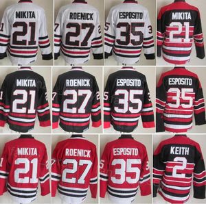 Homme Vintage Hockey 27 Jeremy Roenick Jersey CCM 21 Stan Mikita 2 Duncan Keith 35 Tony Esposito Rétro Classique Tout Cousu Noir Blanc Rouge Équipe Retraite Pull Haut