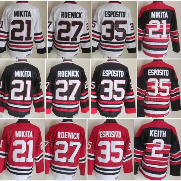 Homme Vintage Hockey 27 Jeremy Roenick Jerseys CCM 21 Stan Mikita 2 Duncan Keith 35 Tony Esposito Rétro Classique Tout Cousu Noir Blanc Rouge Équipe Retraite Pull Haut