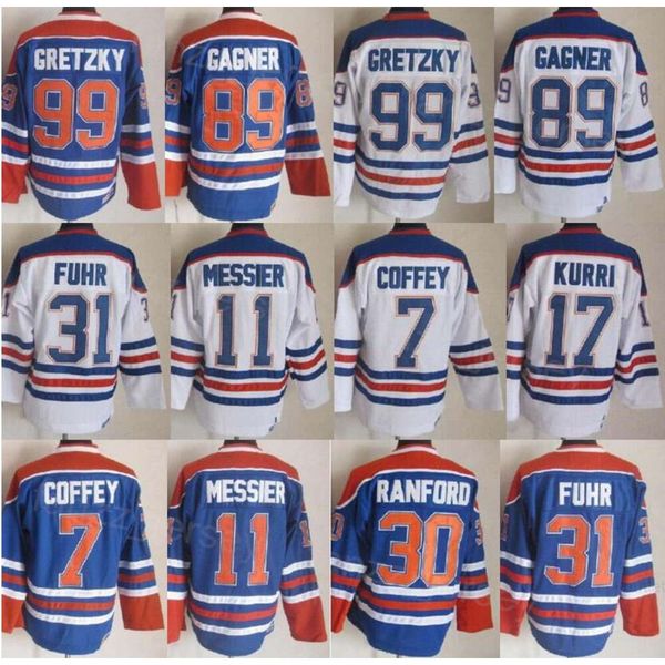 Homme Vintage Hockey 30 Bill Ranford Jerseys Rétro 7 Paul Coffey 89 Sam Gagner 17 Jari Kurri 99 Wayne Gretzky 31 Grant Fuhr 11 Mark Messier Classique CCM Broderie Bonne