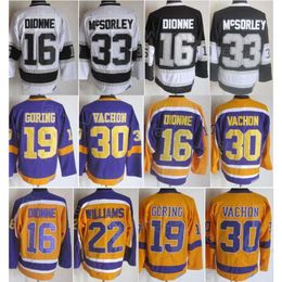 Man Vintage Hockey 30 Трикотажные изделия Rogatien Vachon Retro 33 Марти МакСорли 22 Тайгер Уильямс 19 Бутч Горинг 16 Марсель Дионн Classic CCM Уходят в отставку Черный Белый Желтый Фиолетовый