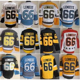 Man Vintage Hockey 66 Lemieux Retro Jerseys CCM Klassiek Alle gestikt Teamkleur Zwart Wit Blauw Geel Pensioen trui voor sportfans Ademende top van puur katoen