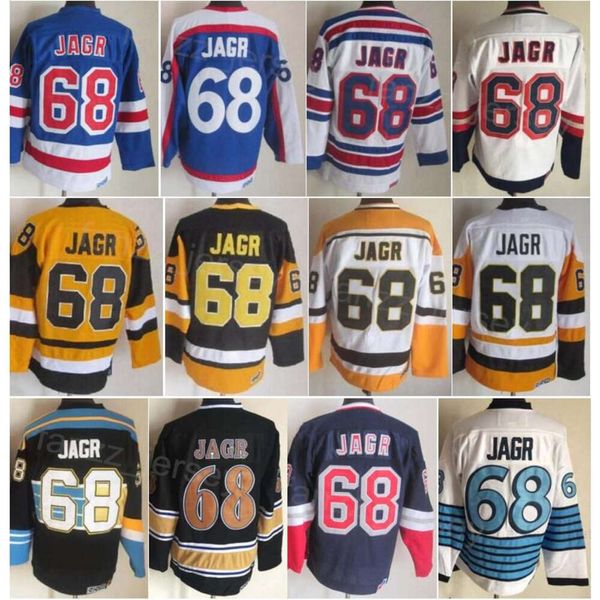 Hombre Vintage Hockey 68 Jaromir Jagr Retro Jerseys Classic CCM Todo cosido Equipo Color Negro Blanco Azul Amarillo Retire Jersey para fanáticos del deporte Transpirable Algodón puro