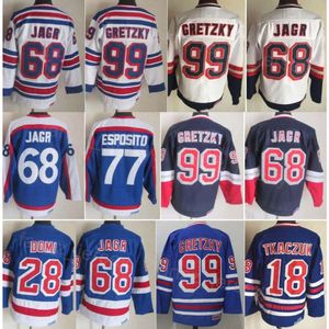 Hombre Vintage Hockey 77 Phil Esposito Jerseys Classic 28 Tie Domi 18 Walt Tkaczuk 99 Wayne Gretzky 68 Jaromir Jagr 2 Brian Leetch Retro CCM 91-92 75 aniversario cosido