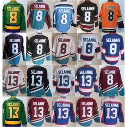 Homem Vintage Hóquei 8 13 Teemu Selanne Retro Jerseys Clássico CCM Poderoso Roxo Branco Preto Azul Vermelho Verde Laranja Retire a equipe Cor respirável para fãs do esporte costurado