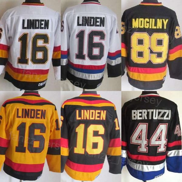 Hombre Vintage Hockey 89 Mogilny Jerseys Retro Clásico 44 Todd Bertuzzi 16 Trevor Linden 10 Pavel Bure 19 Markus Naslund Retirar CCM Equipo Negro Blanco Amarillo Todo cosido