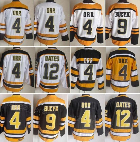 Homme Vintage Hockey 9 Johnny Bucyk Jersey Rétro Classique 12 Adam Oates 4 Bobby Orr 16 Derek Sanderson 75 Anniversaire CCM Retraite Broderie Noir Blanc Jaune Équipe