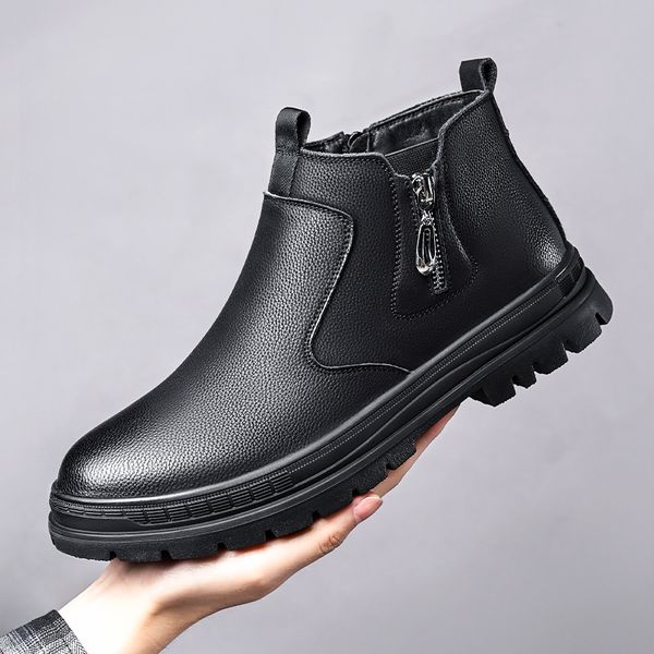 Homme hiver Chelsea bottes fourrure chaud mâle décontracté chaussures en cuir véritable concepteur hommes robe botte à la main fermeture éclair chaussures d'affaires