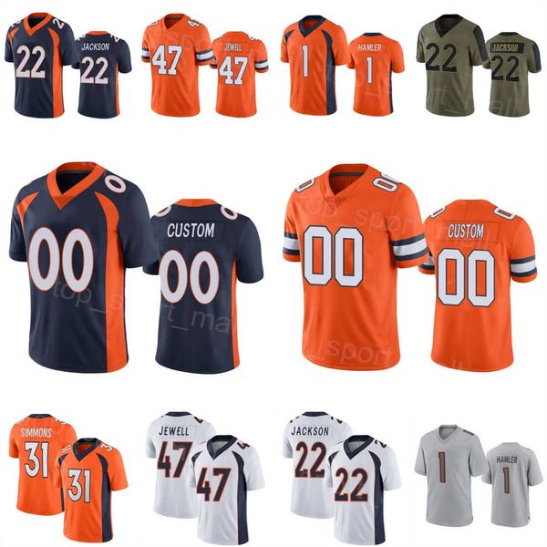 Man Woman Youth Football 1 K J Hamler Jerseys 49 Alex Singleton 47 Josey Jewell 22 Kareem Jackson 31 Justin Simmons 85 Albert Okwuegbunam cousu bleu orange blanc