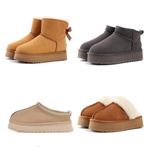 Homme Femmes Tazz Bow Platform Pantoufles Bottes Mini bottes de neige garder au chaud botte en peau de mouton Bottes décontractées en peluche avec des sacs à poussière de carte Beau Noël