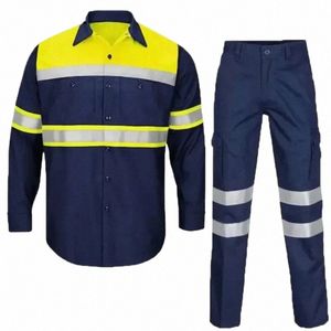 Homme Vêtements de travail 100% Cott Lg Chemise à manches + bande réfléchissante Pantalon cargo Ensemble imperméable à séchage rapide Mécanicien Uniforme Q12W #