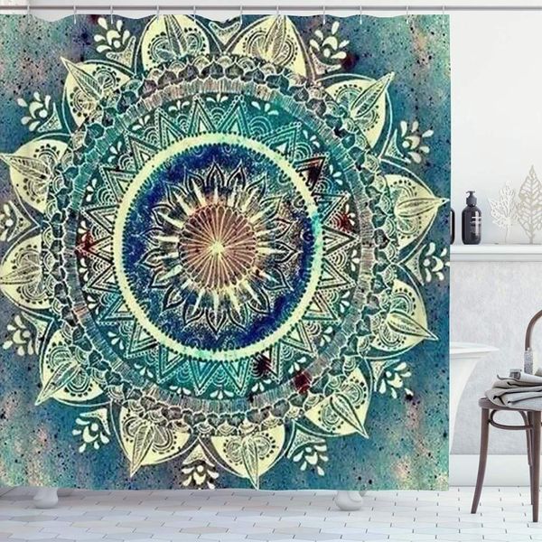 Mandala Flower Fabric Curtain de douche Ensemble avec crochets Indien indien Bohemian vert bleu chic de salle de bain Chic de salle de bain Decor Home Decor