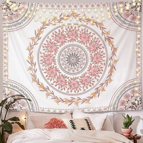 Tapiz de Mandala estético, tapiz bohemio para colgar en la pared, tapiz con medalla de flor rosa, arte de pared bohemio Hippie 240328