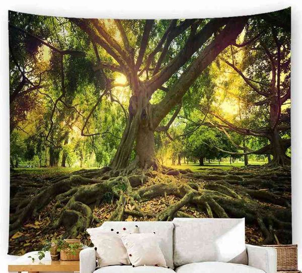 Mandala Árbol Alfombra Colgante de pared Estética Otoño Tapiz Bosque Paisaje 3d Alfombra psicodélica Hippie Boho Decoración de la pared Dormitorio J220804