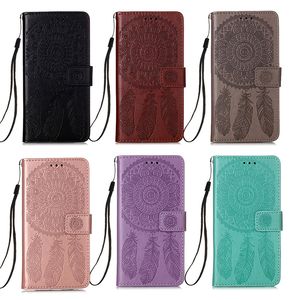 Étuis en cuir portefeuille Mandala pour Samsung A82 A52 A72 A22 5G A32 4G A02 S21FE X couverture 5 S21 PLUS MOTO G50 G30 G100 Strap Emboss Dream catcher Flip Stand