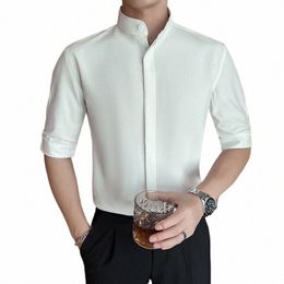 Cuello mandarín Blusa blanca grande para hombre Elegante Negruzco Verde Dr Camisas Medias mangas Blusa de caballero Tamaño grande 5XL Paño U9Jt #