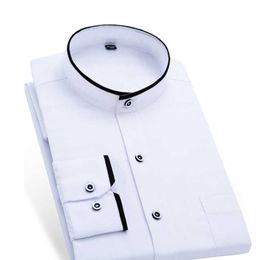 Mandarijn kraag bedrijf formele shirt heren effen kleur jurk shirt kantoor dragen witte / zwarte kleur Aziatische maat 210708