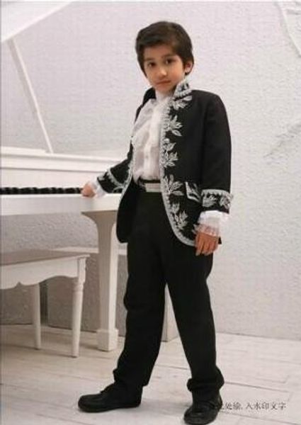 Mandarin Revers Broderie Noir Garçon Vêtements De Cérémonie Haute Qualité Garçon Mariage Blazer Beau Enfant Anniversaire Bal Spectacle Costume (veste + pantalon) 60