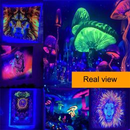 Mandela Fluorescent Tapestry UV Luminous Tree of Life Psychedelic Mushroom Skull Fond