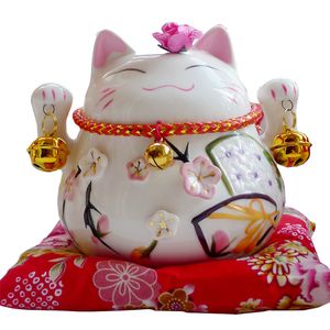 Maneki Neko Keramiek Lucky Cat Home Decor Porselein Beeldje Zakelijke Gift Fortune Cat Money Box Fengshui Craft Openning Ornament T200710