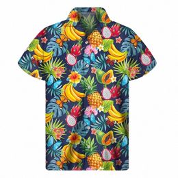 Mango Banana Pine Camisa gráfica Hombres Impresión 3D Fruta Camisas hawaianas Playa de verano Manga corta Solapa Aloha Blusa D7c3 #