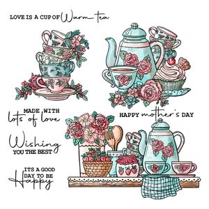 Mangocraft Vintage Roses Tea Set Metaal Snijden sterft Clear Stamps European Teapot Cups Diy Scrapbooking Cut Dies Stamps voor kaart