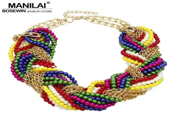 Manilai Multi-couche Simulate Pearl Status Chokers Colliers pour les femmes Collier de perles de chaîne tissée à la main