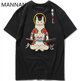 Mannan 2018 Streetwear Japan Style Ukiyo E Samurai Cat drôle tshirts pour hommes