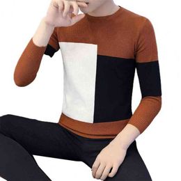 Mannen Trui Patchwork Contrast Kleuren O Hals Slim Base Trui 2022 Winter Nieuwe Aankomst Warme Truien L220730