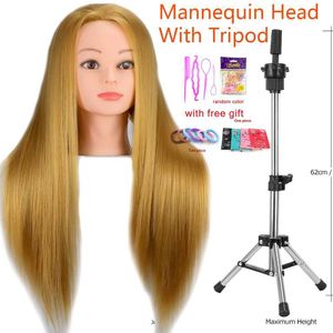 MANNEQUIN Heads 100% Synthetic Coiffre Training Head with Tripod Human Model Makeup Doll Utilisé pour le tissage et le style Q240510