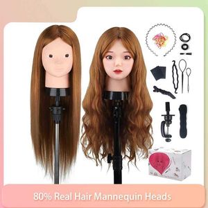 Mannequin kopt 80% Echt menselijk haarmodel hoofd voor training Styling Solo Barber 60 cm Doll Weaving and Make -up Practice Q240510