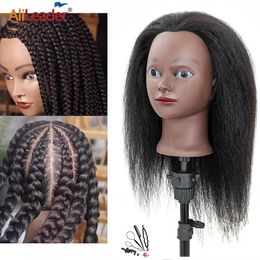 Mannequin Heads Alileader Cabeza de maniquí barato con cosméticos de cabello humano Entrenamiento africano y soporte utilizado para practicar el estilo de tejido Q240510