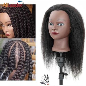 Têtes de mannequin Alileader Tête de mannequin pas cher avec des cheveux humains Cosmetics Africain Training and Stand Utilisé pour pratiquer le style de tissage Q240510