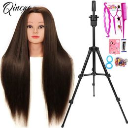 Têtes de mannequin coiffure du modèle humain coiffure du trépied de la tête de poupée humaine avec formation de stand pour pratiquer le tressage des cheveux Q240510