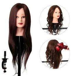 Mannequin Head Human Model Head 20 pouces Brown 95% Real Hair Training Barber Doll Hairstyle Q240510