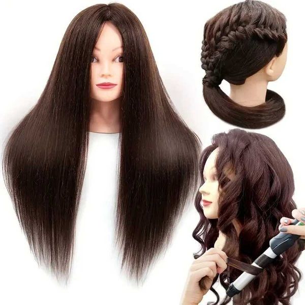 MANNEQUIN Têtes Human Model Head 22 pouces Brown 95% Real Hair Training Barber Dol Doll Hairstyle Q240510