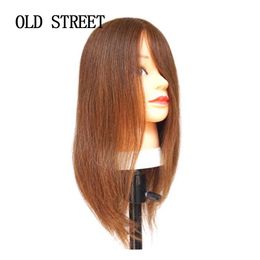 Mannequin Heads Human Model Head recht 100% Bruine Hair Barber Perm Bleach Dye Makeup Doll voor training Q240510