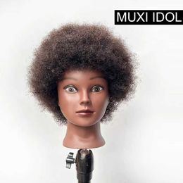 Mannequin Heads Muxi Idol Afro Brasileño Cabello 100% Real Head para practicar Weaving Q240510