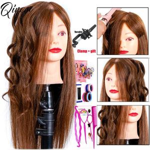 Mannequin Heads Professional Hairdressers Manikin Head 18 inch 100% Human Hair Styling Training Cosmetics Doll Clip Bracket Q240510