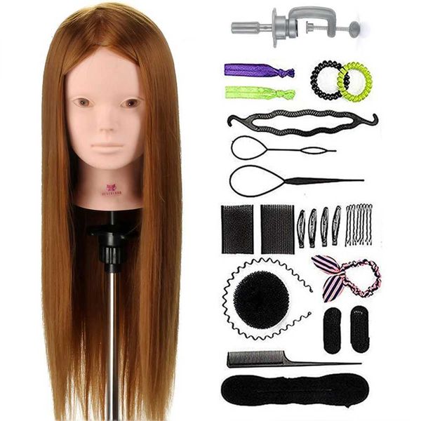 MANNEQUIN HEADS SALON 24 pouces 50% réel Human Hair Training Head Practice Bride Hairstyle Doll Makeup Model Hair + peign traid Set Q240510