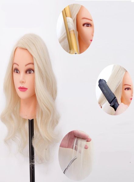 Les têtes de mannequin avec 70 blondes de coiffure de cheveux humains blancs blonds peuvent boucler des pinces de fer.