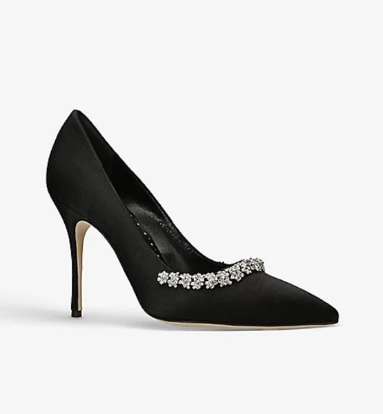 Manolos femmes chaussures habillées pompe sandale talon haut Olarana 105mm escarpins en satin noir ornés de cristaux bout pointu ! escarpins de mariée pour fête de mariage avec boîte 35-43