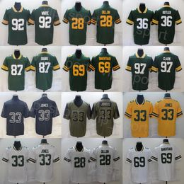 Mans Football 28 AJ Dillon Jersey 87 Romeo Doubs 97 Kenny Clark 92 Reggie White 69 David Bakhtiari 33 Aaron Jones 36 Leroy Butler Vapor UNIFICADO UNIFICADO UNIFICADO